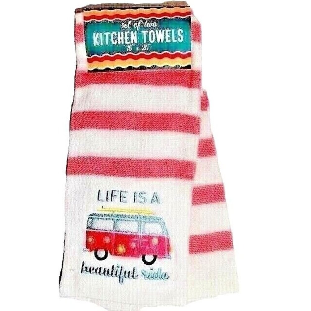 Life is a Beautiful Ride Kitchen Towels Flower Power Beach Van Bus Surfboard